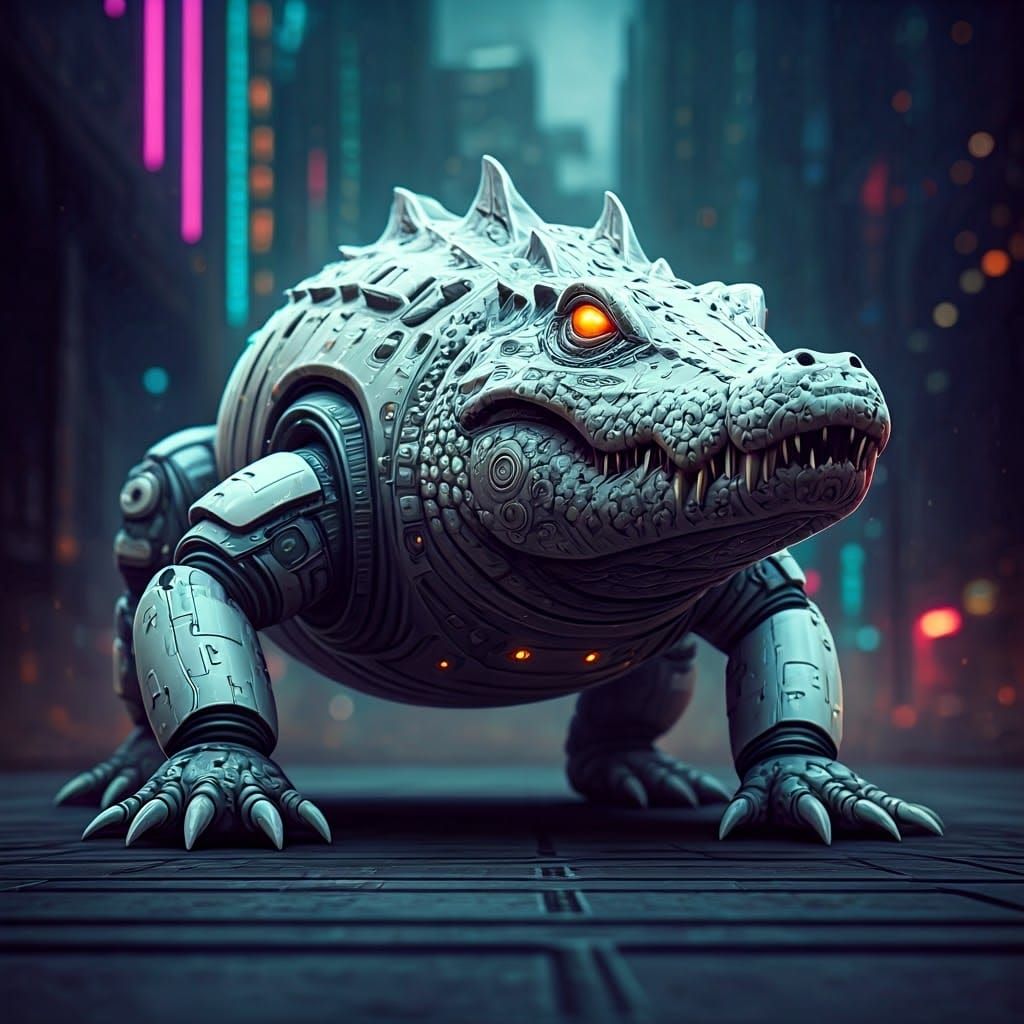 Futuristic Sci-Fi Crocodile-Shark Hybrid in Dystopian Citysc...