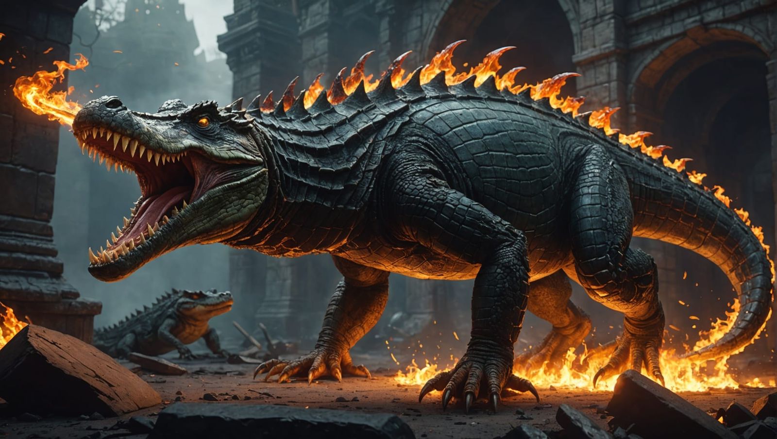 Fantastical Fire Crocodile Matte Painting