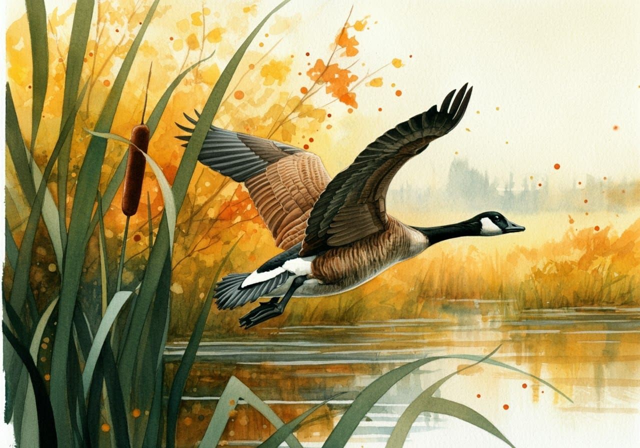 Canada Goose Watercolor Painting Over Wetlands