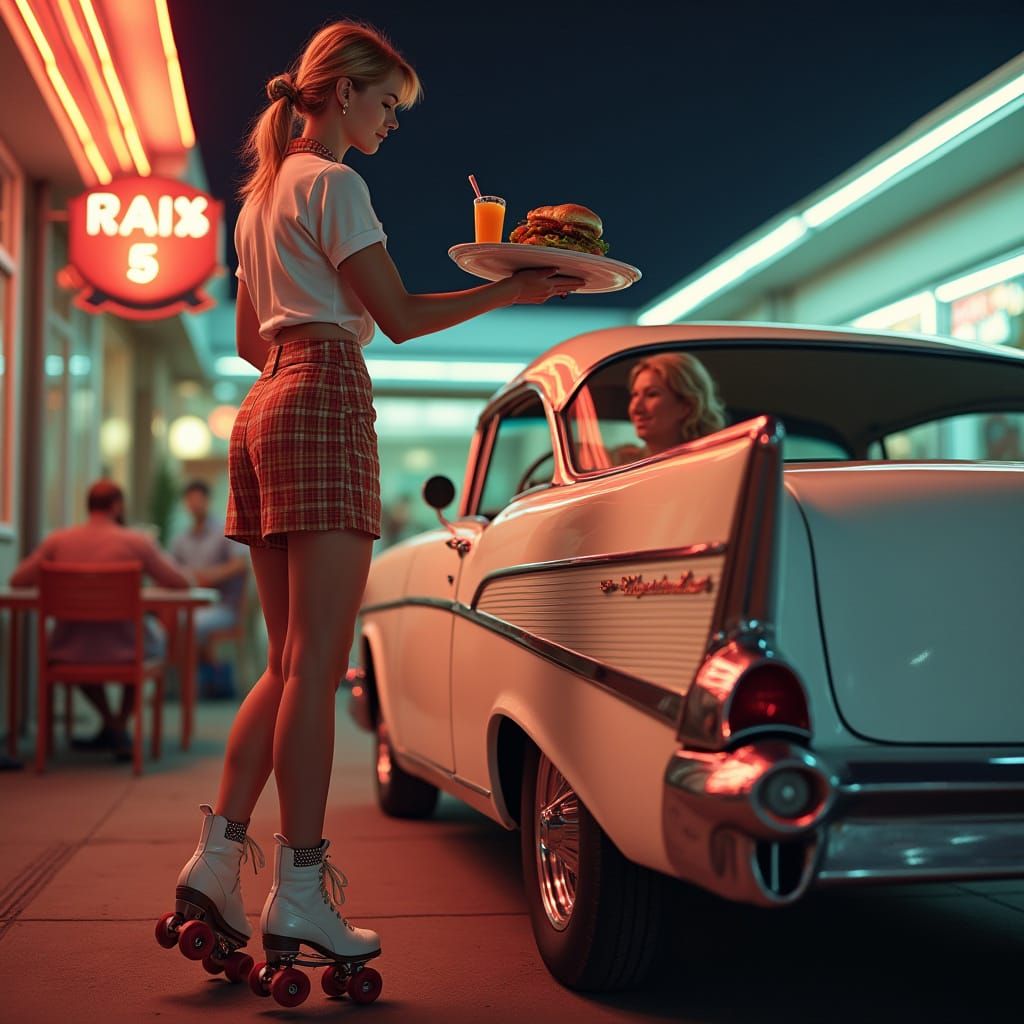 1950s Diner Scene with Carhop and Chevy