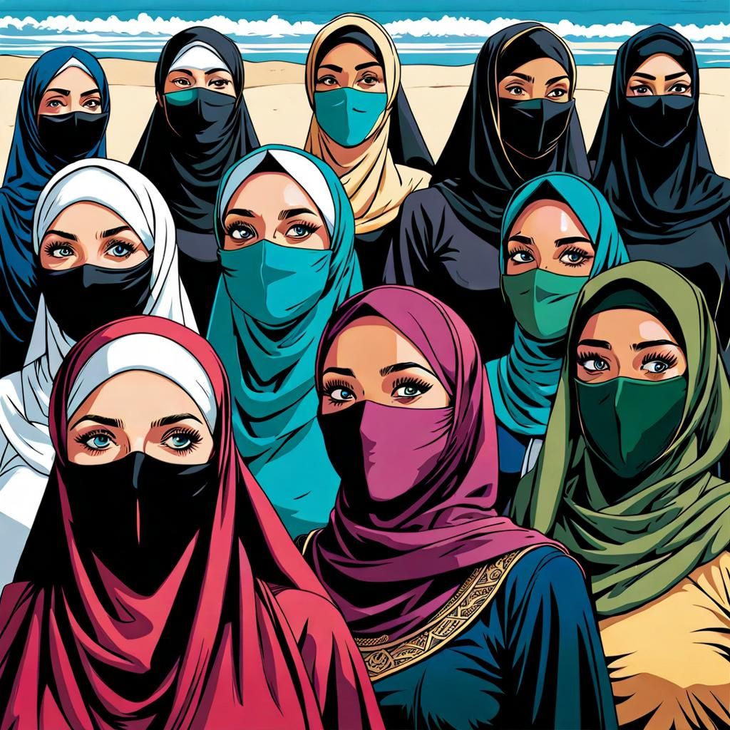Hijabi Women Enjoying Beach Day in Comic Book Style