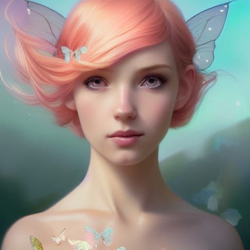 Elf with Peach Hair and Butterflies, Digital Art