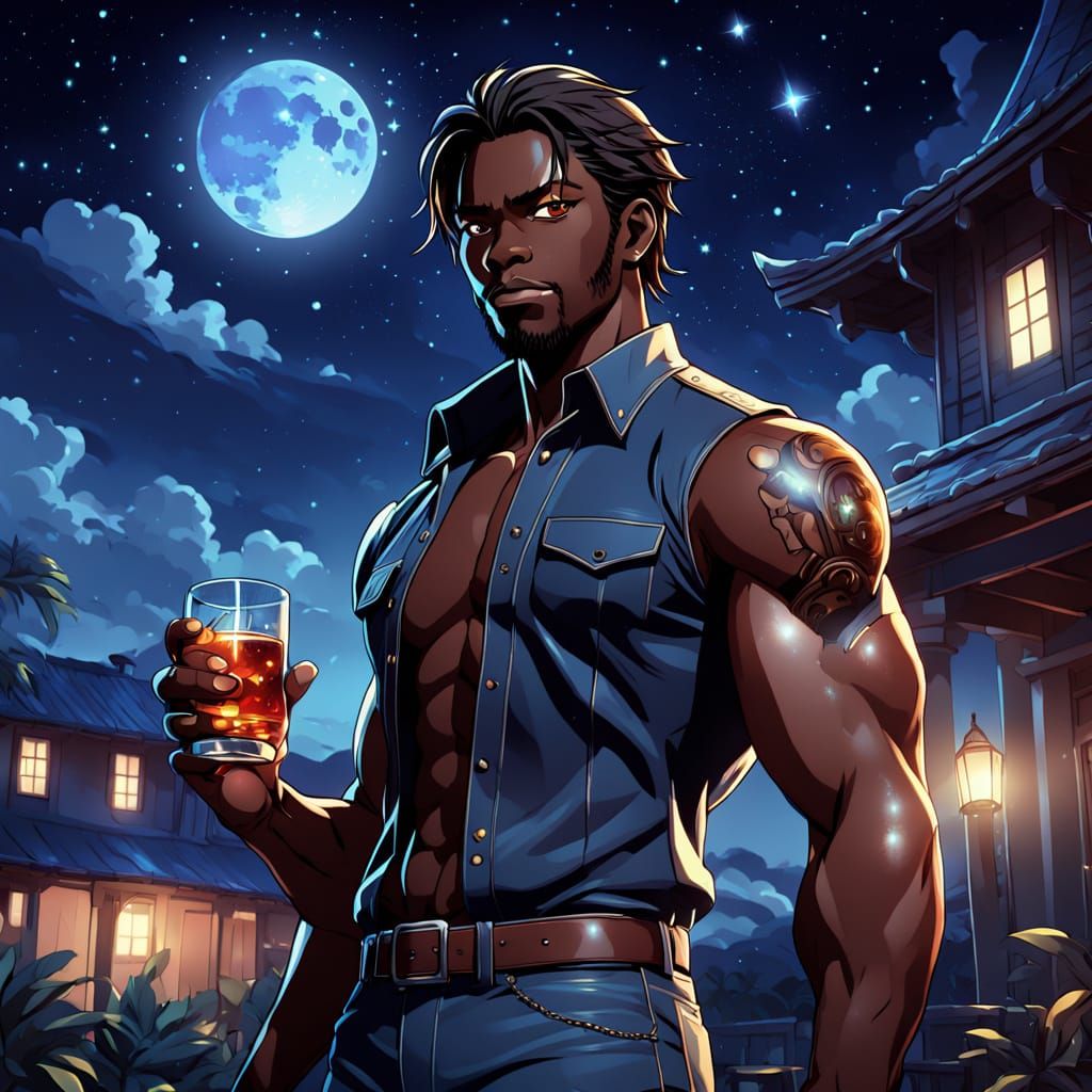 Muscular Haitian American Man Holds Rum on Starlit Patio