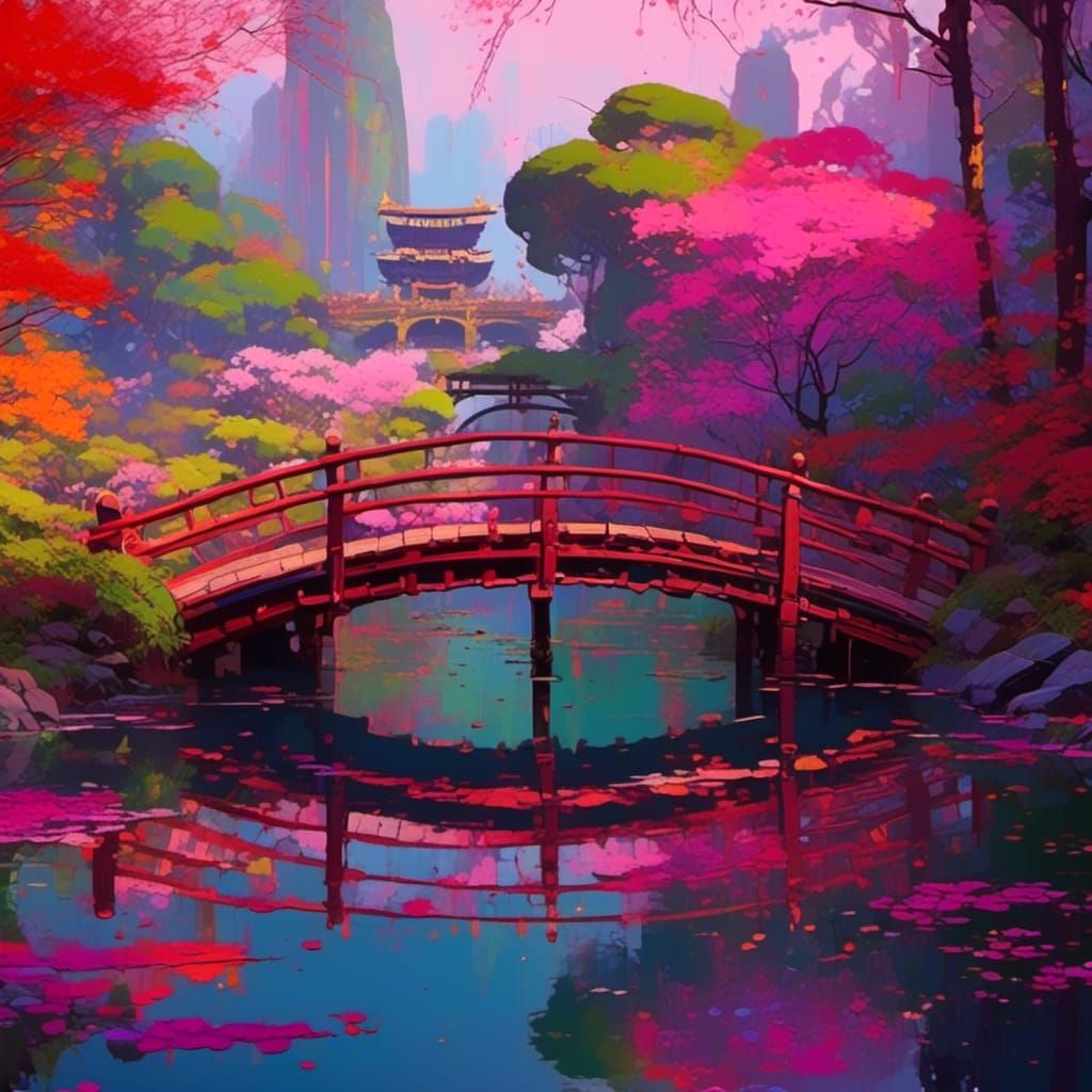 Monet Japanese Bridge in Impasto Landscape Style