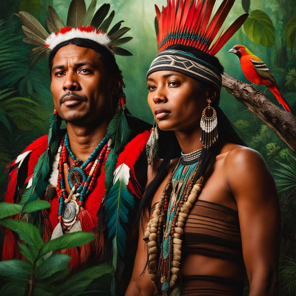 Indigenous People in Forest with Birds: Digital Art
