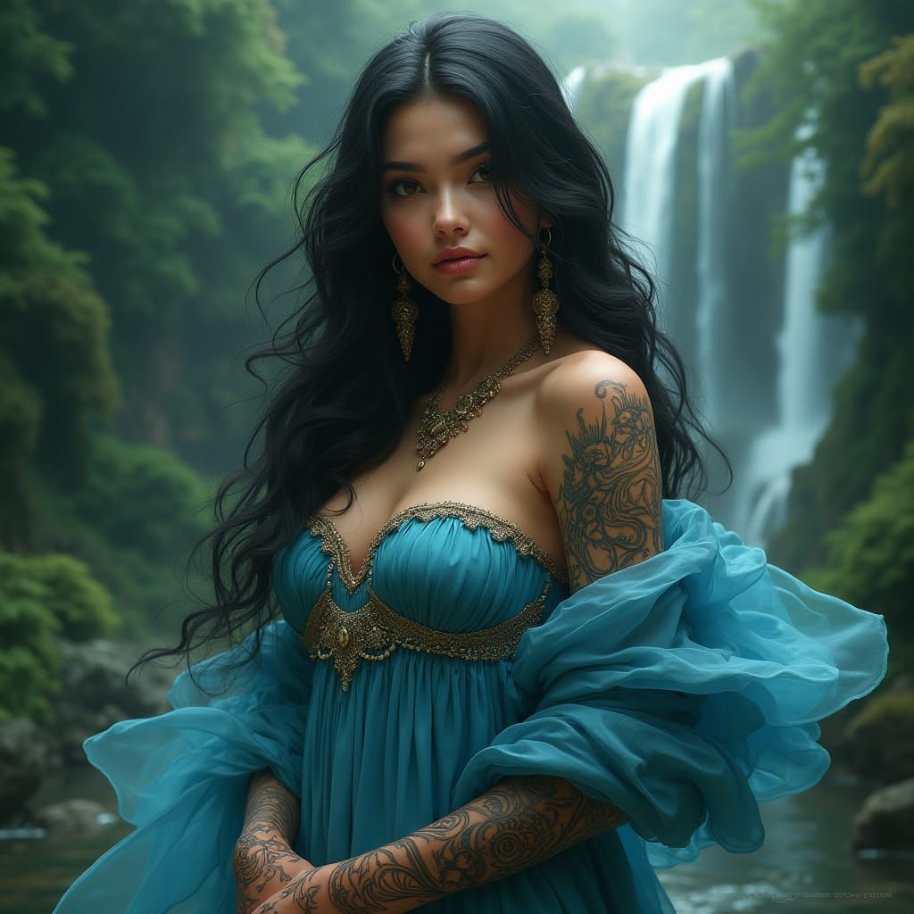 Surreal Waterfall Goddess in Ethereal Blue Shawl