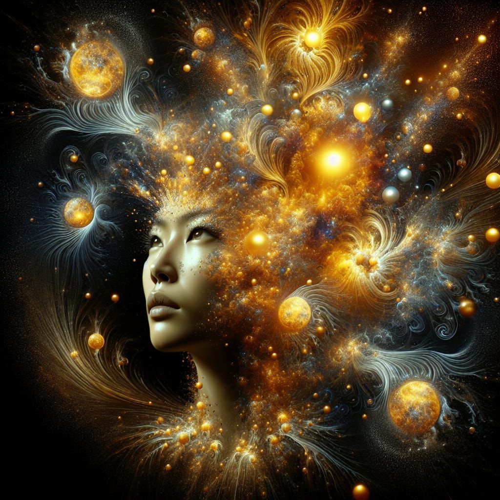 Surreal Asian Woman Portrait in Gold and Black