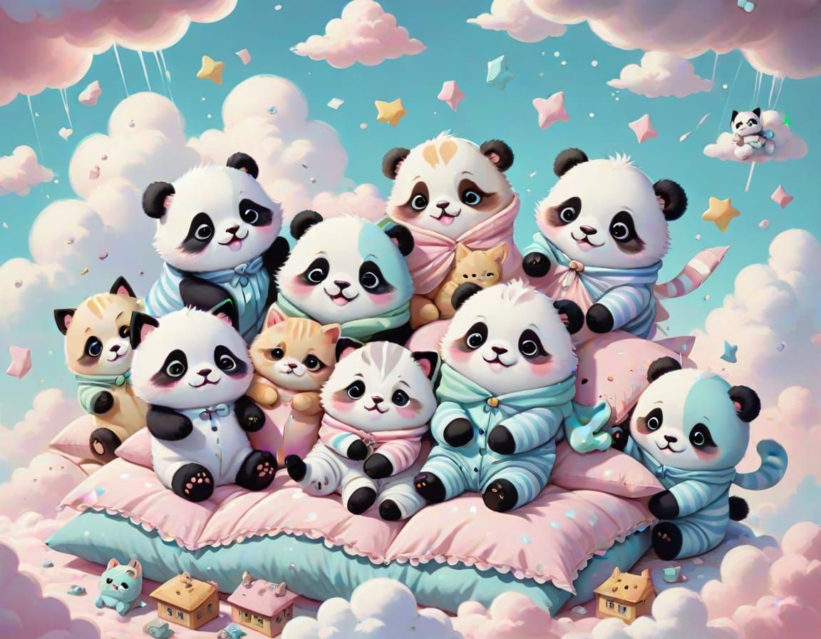 Kittens, Puppies, and Pandas Pillow Fight: Kawaii Art