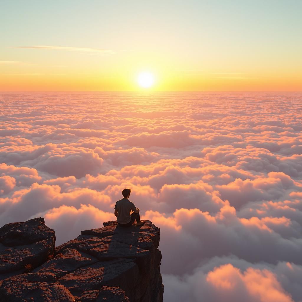 Serene Figure Gazing at Sunset Horizon