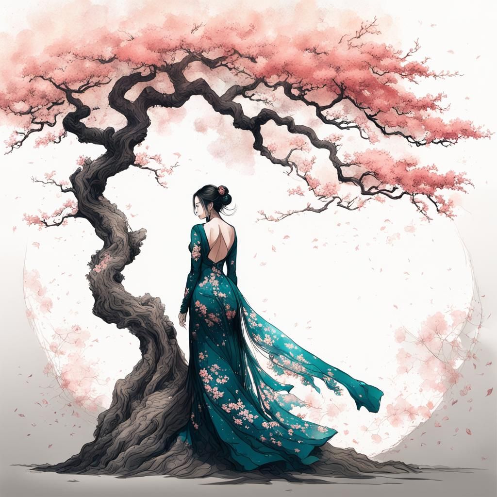 Sakura Silhouette: Double Exposure Ink Drawing