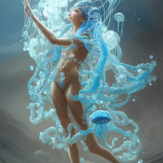 Ethereal Jellyfish Goddess in Blue Ocean