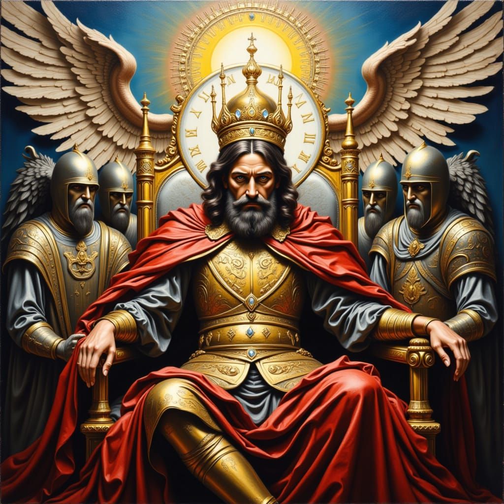 <lora:Fantaisie portrait:1.0> Peinture à l'huile impressionniste  Le roi ARTHUR assis sur son trône, porte une couronne ...