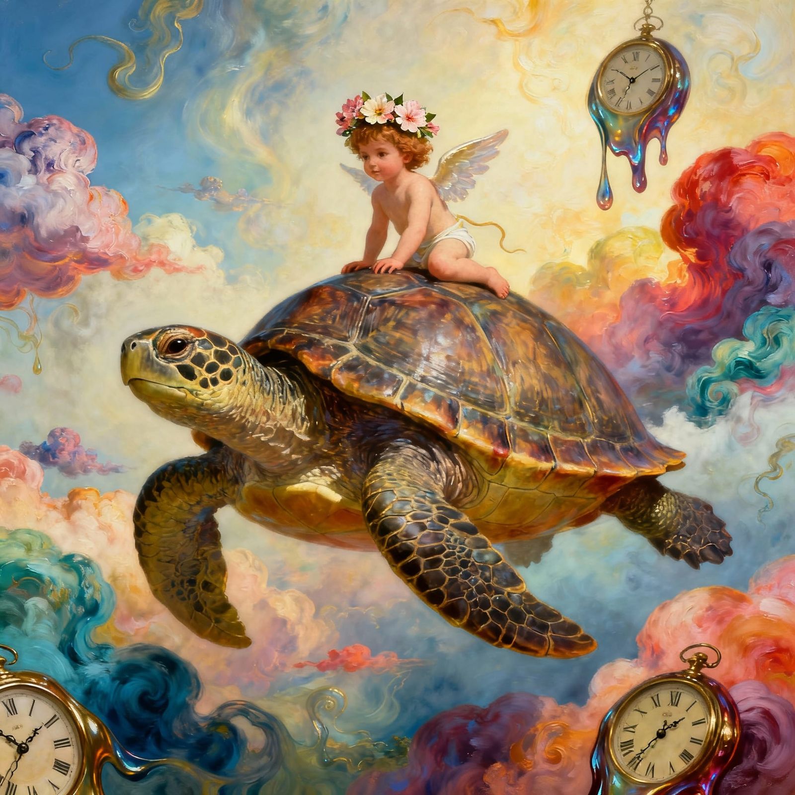 Tiny Cupid Rides Giant Tortoise in Surreal Dreamscape