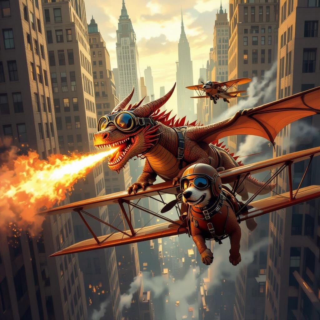 Dragon and Biplane Dog Soaring Through City, Retro-Futuristi...