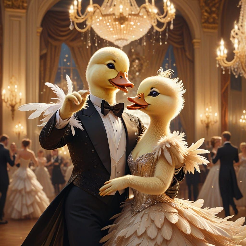 Ducklings Dancing in Ballroom: Whimsical Digital Art