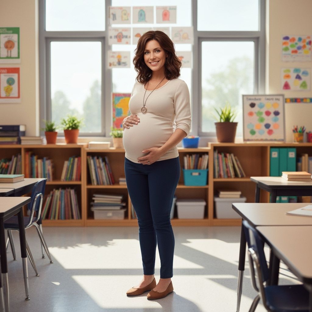 Pregnant Teacher Smiling in Classroom