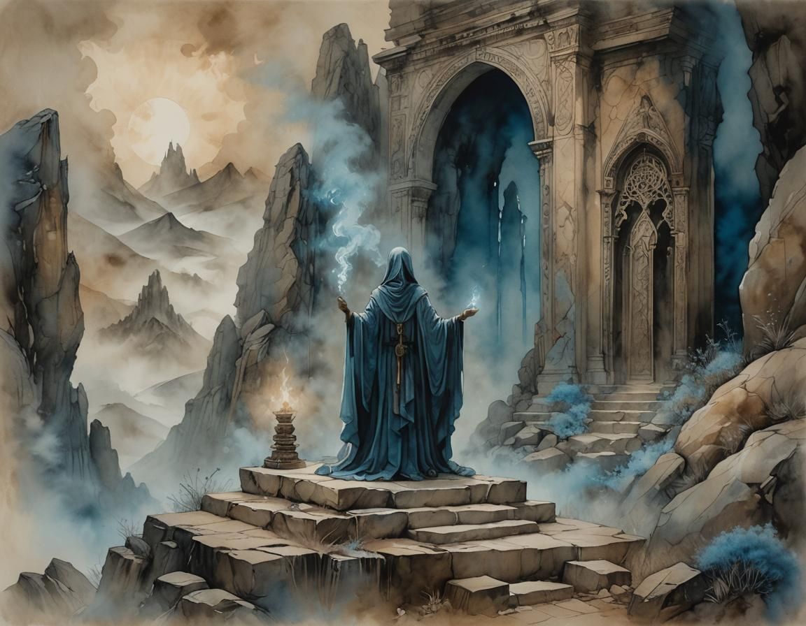 Mystical Oracle on Misty Mountain in Symbolist Style