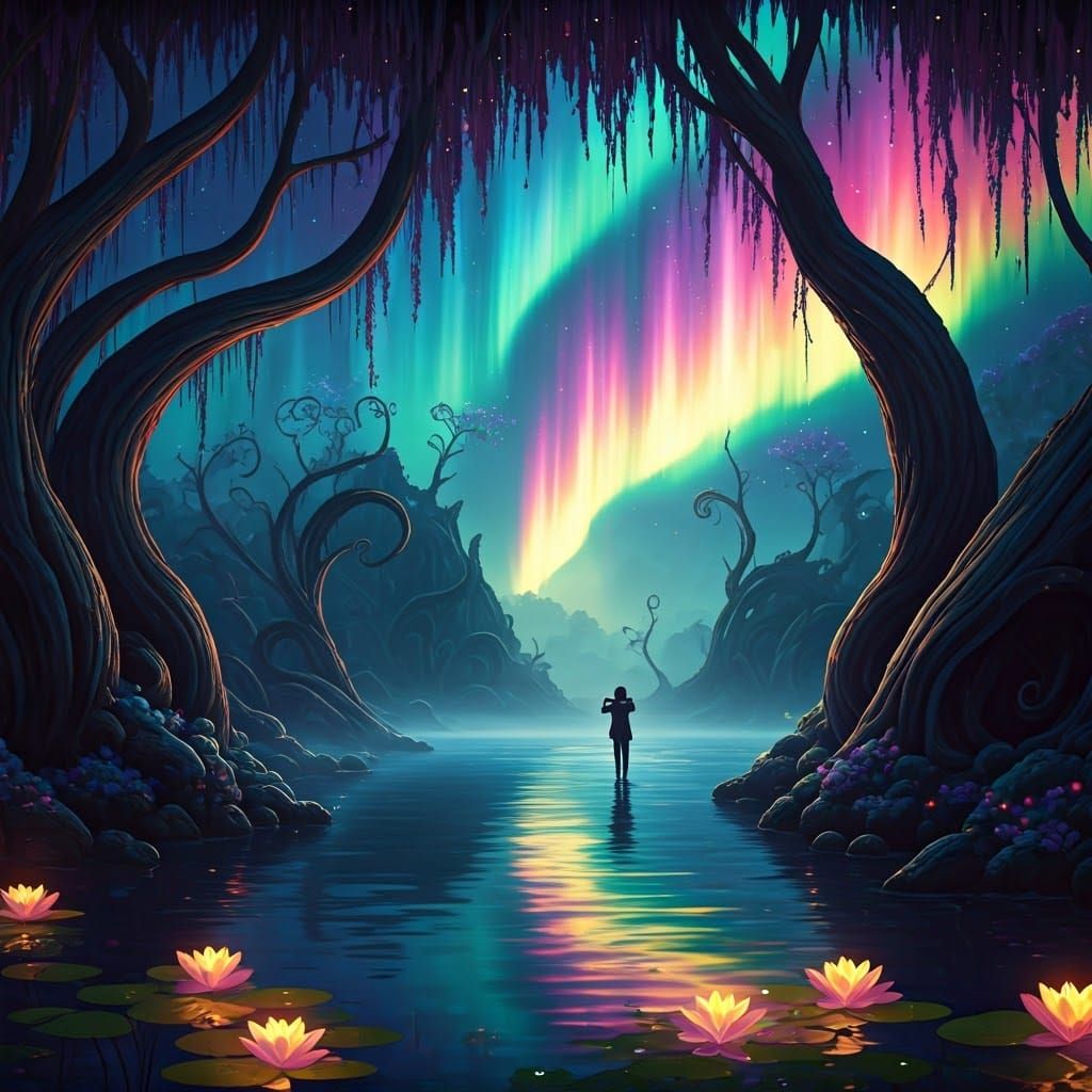 Dreamlike Oboist in Twisted, Gnarled Forest by Mystic Lake