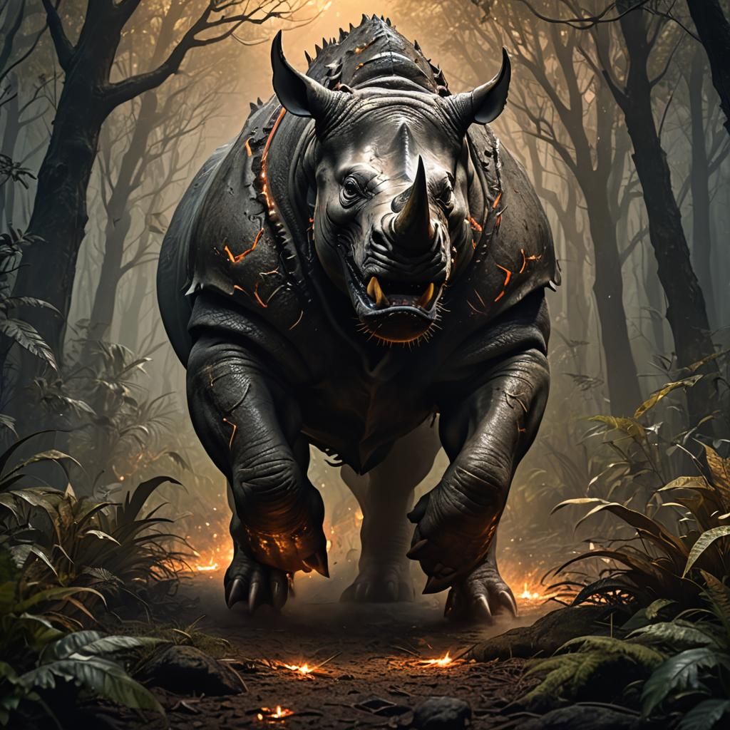 Rhino Hellhound Hybrid in Mystical Forest