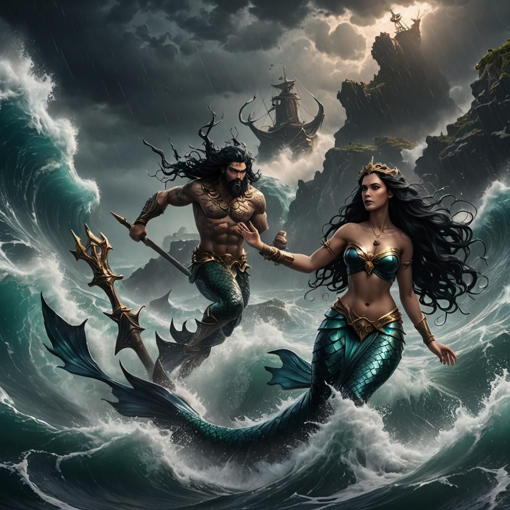 Mermaid and Poseidon in Stormy Seas: Digital Art