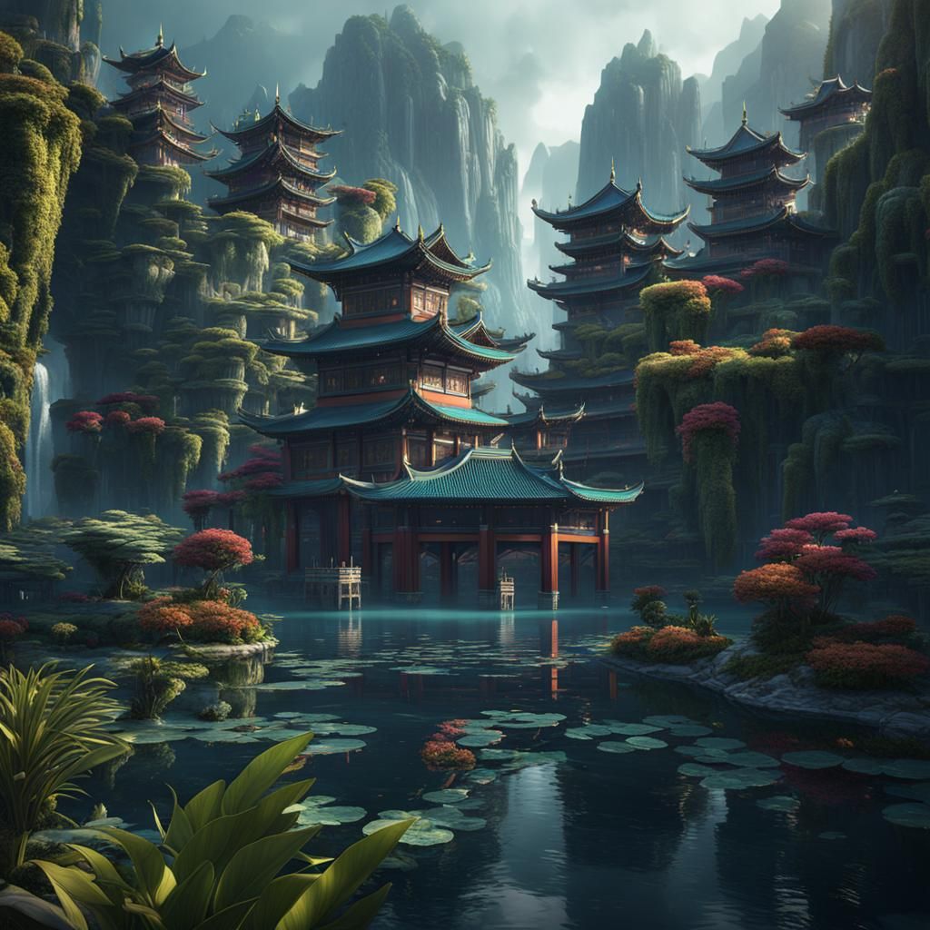 Futuristic Oriental City with Metallic Accents