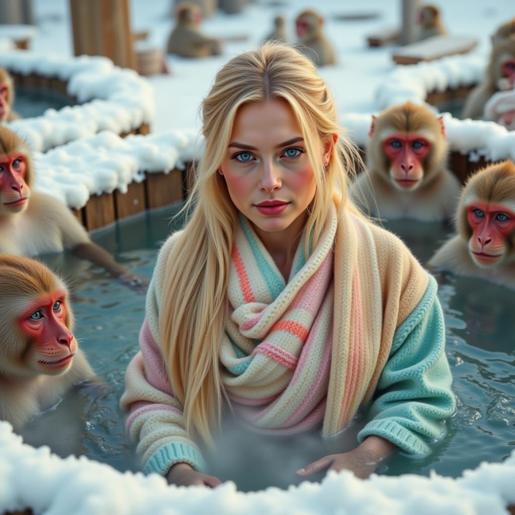 Japanese Spa Monkeys Relaxing with Blonde Woman