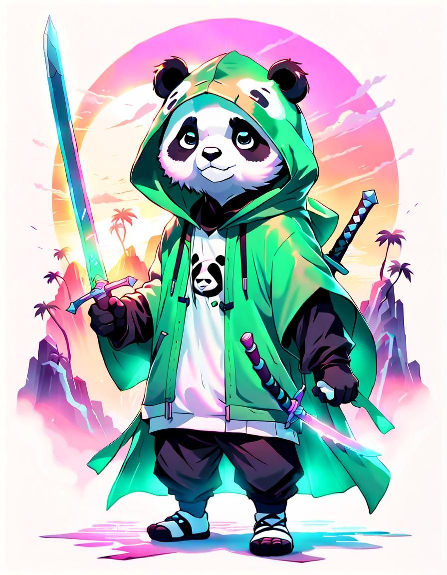 Panda Warrior with Swords in Vaporwave Fantasy Style