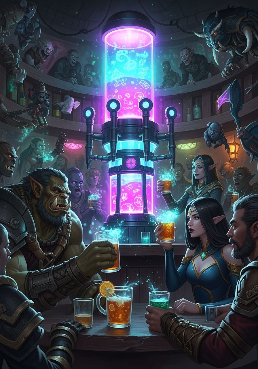 Crowded Fantasy Tavern with Magical Neon Lights