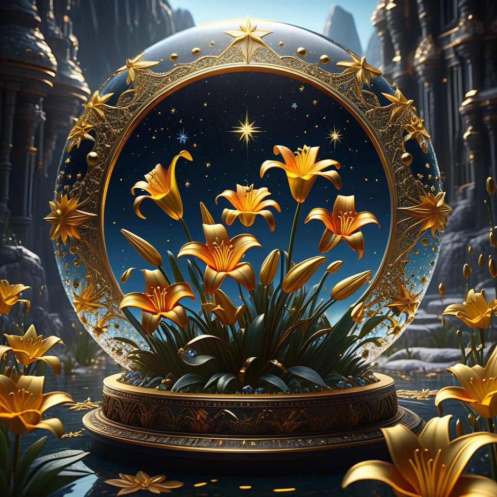Gold Star Lilies in Crystal Vase: Detailed Matte Painting