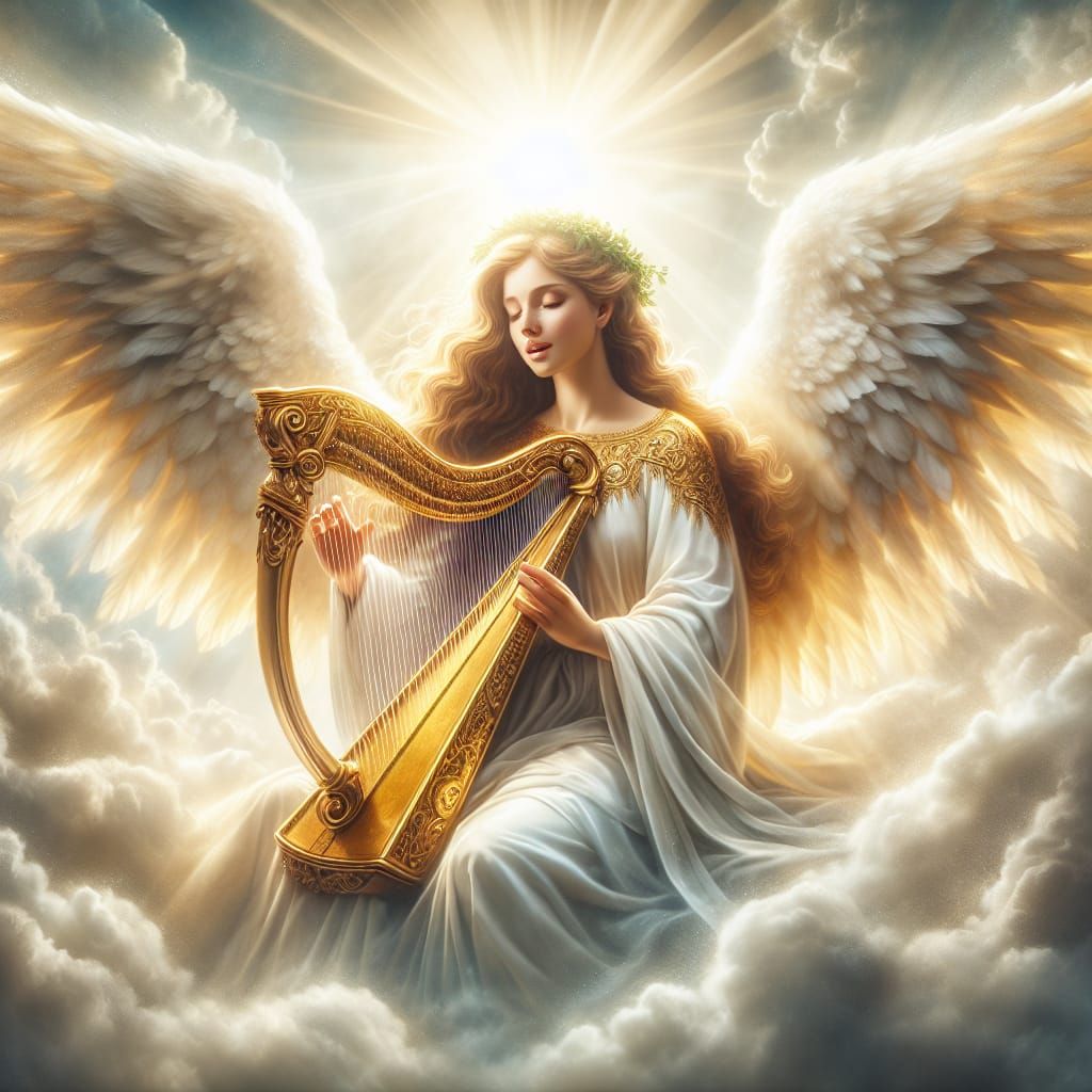 Angel with Golden Harp in Heavenly Light