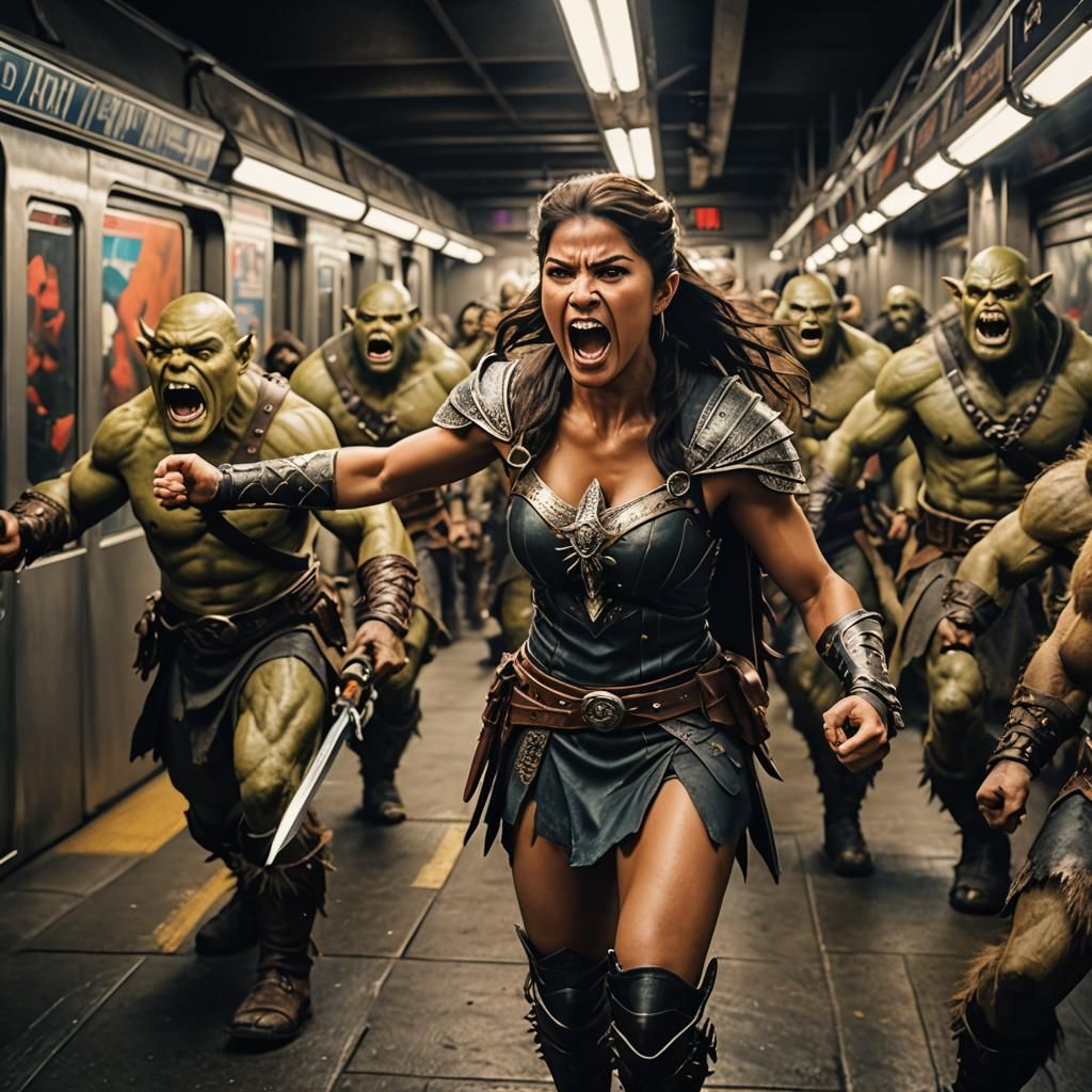 Latina Warrior Confronts Ogres in Subway