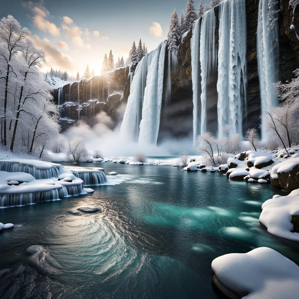 Majestic Frozen Waterfall in Hyperrealistic Style