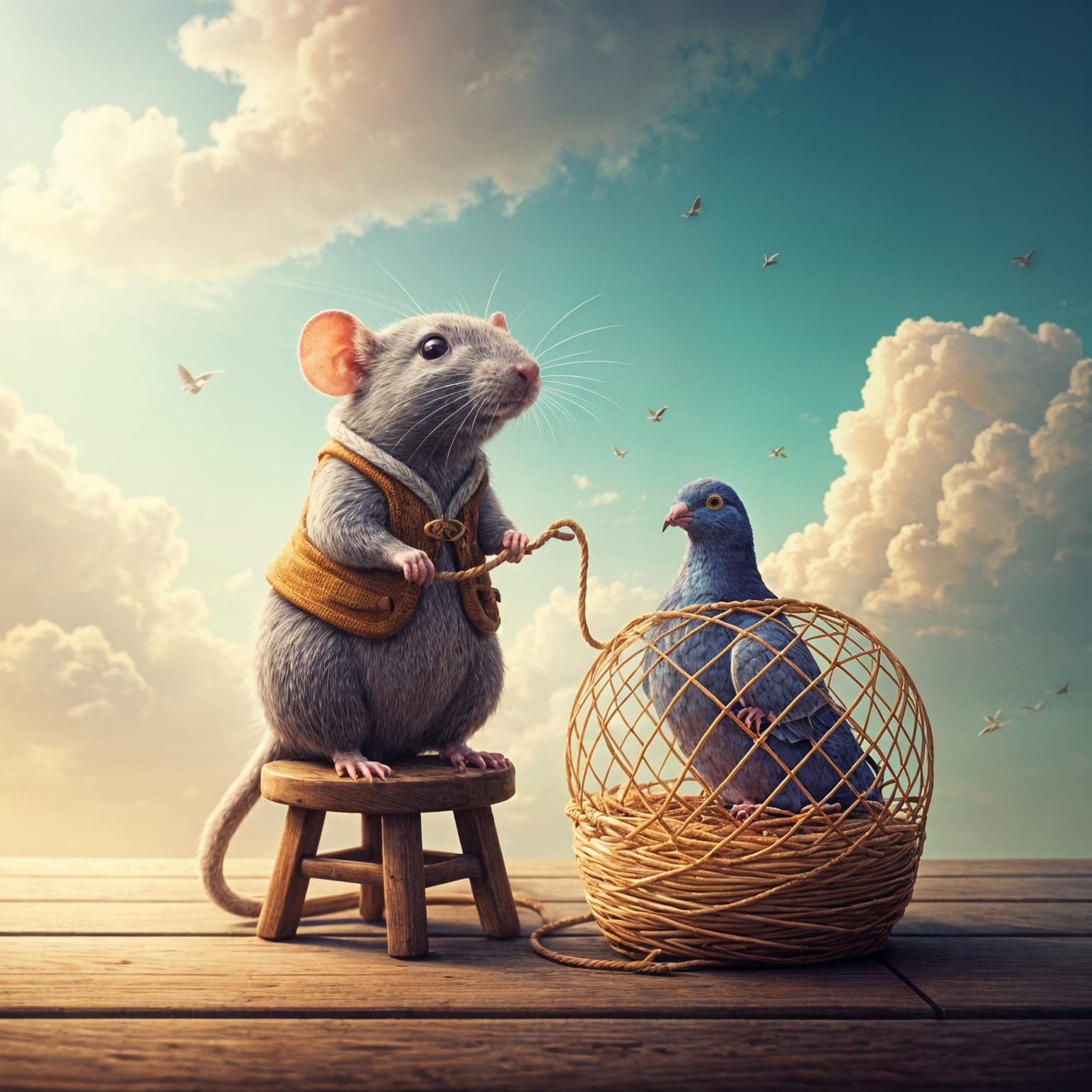 Rat, Pigeon, and Yarn Cage in Divine Light