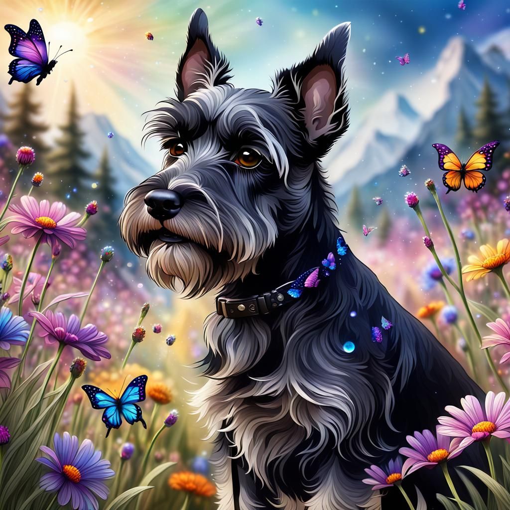 Zwergschnauzer in Fantasy Flower Meadow, Unreal Engine Art