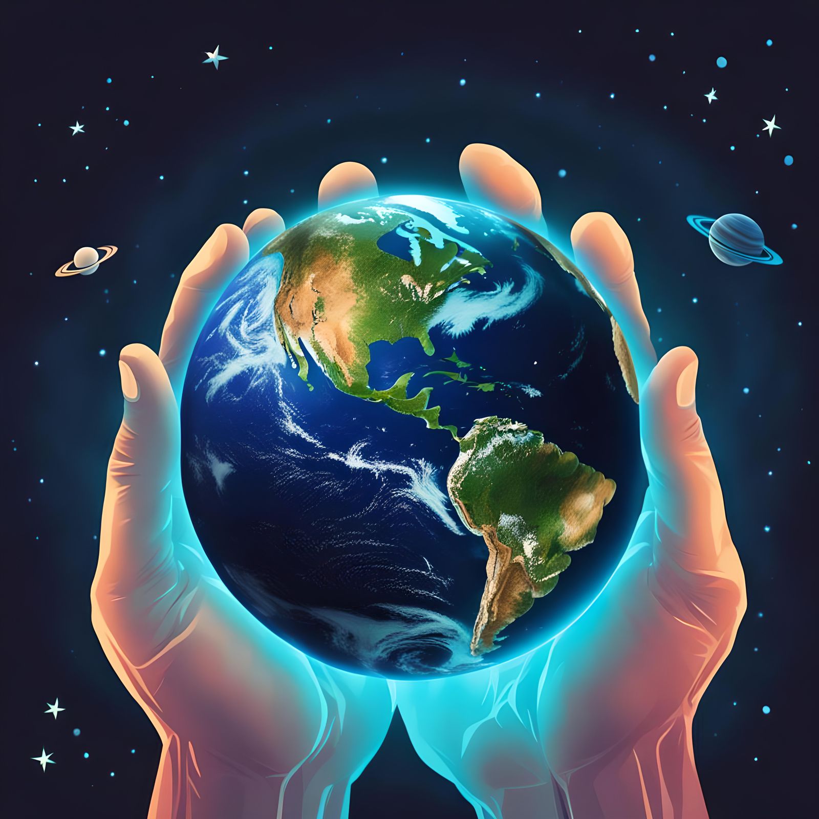 Bioluminescent Hands Protecting Planet Earth