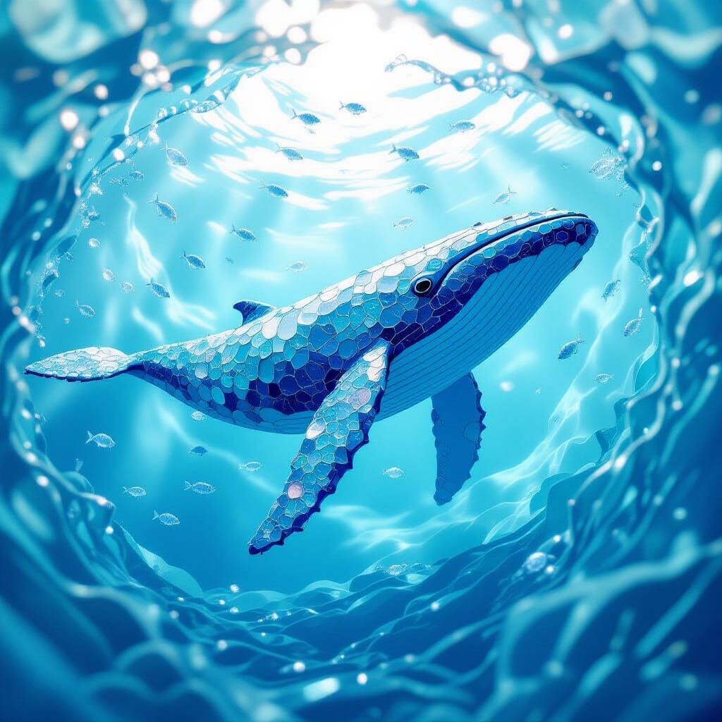 Sea Glass Whale Sculpture in Dynamic Ocean Vortex