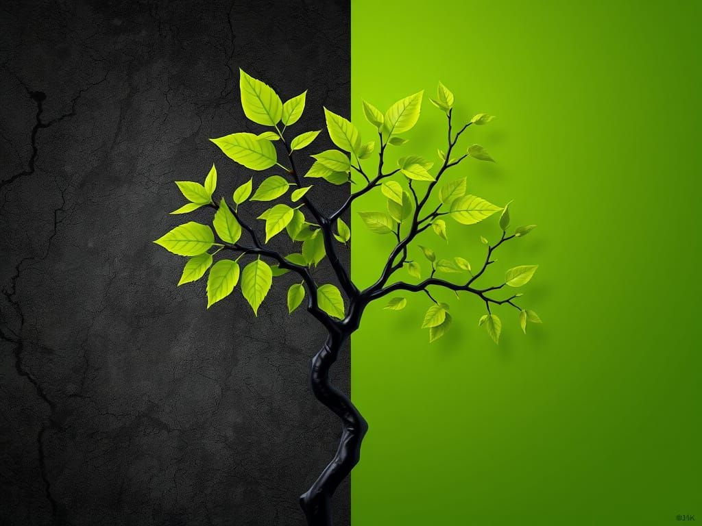 Elegant Black Tree Branch with Vibrant Green Leaves on Textu...