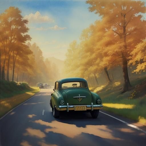 Classic Car on Winding Road in Watercolor Style
