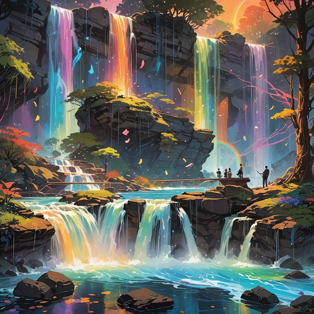Musical Waterfall Concept Art in Vibrant Colors
