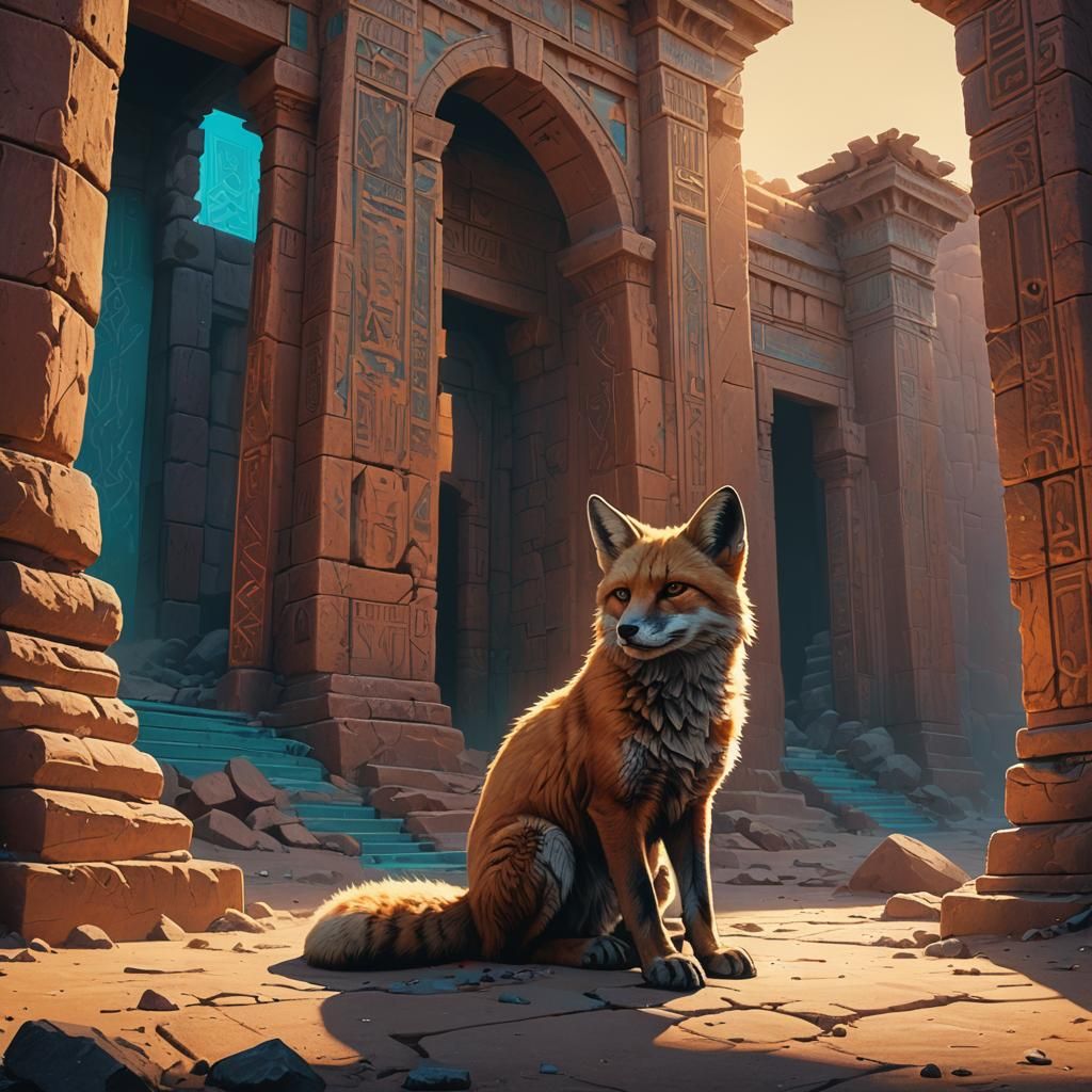 Desert Fox in Ancient Mystical Temple Ruins