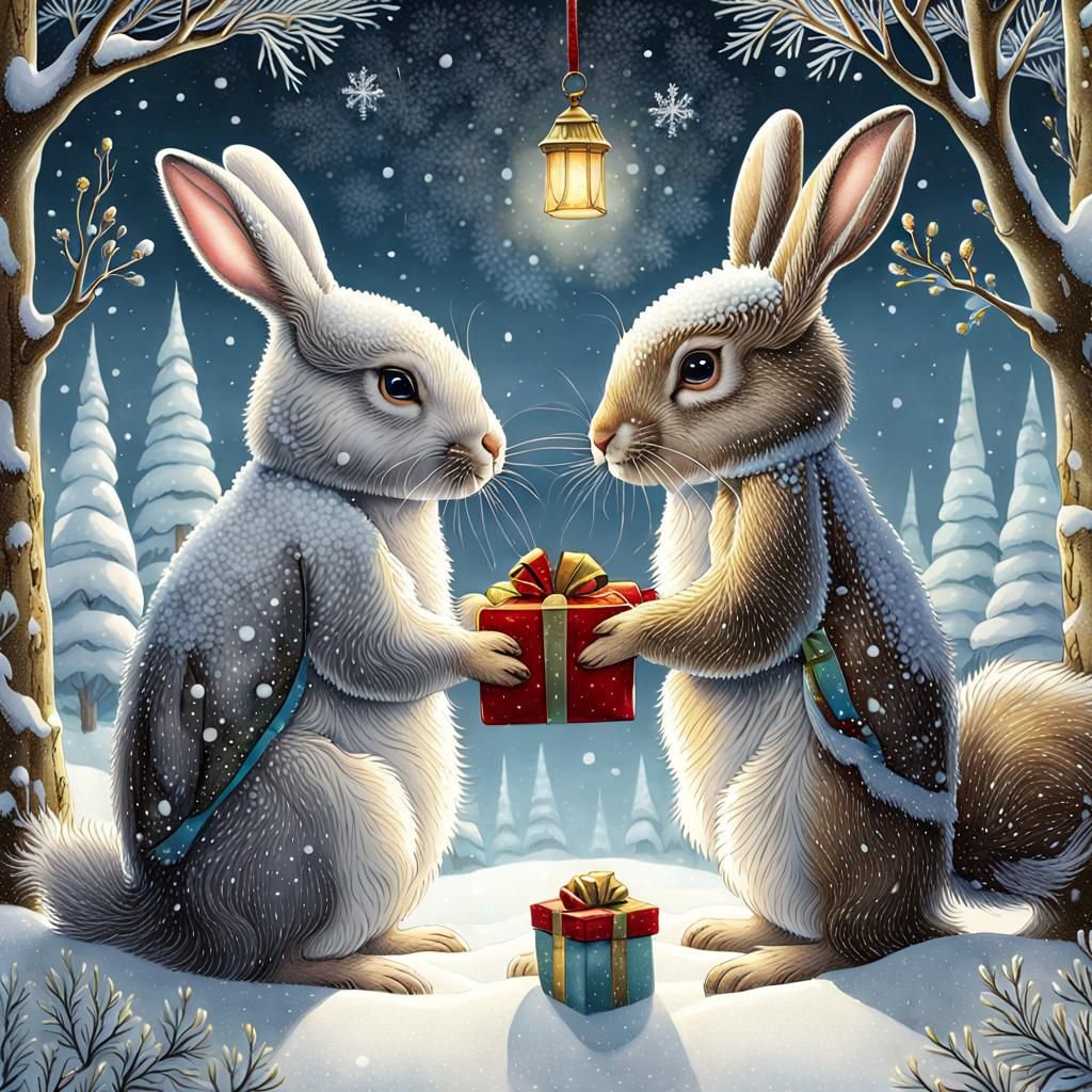 Rabbits Exchanging Gifts in Snowy Wonderland