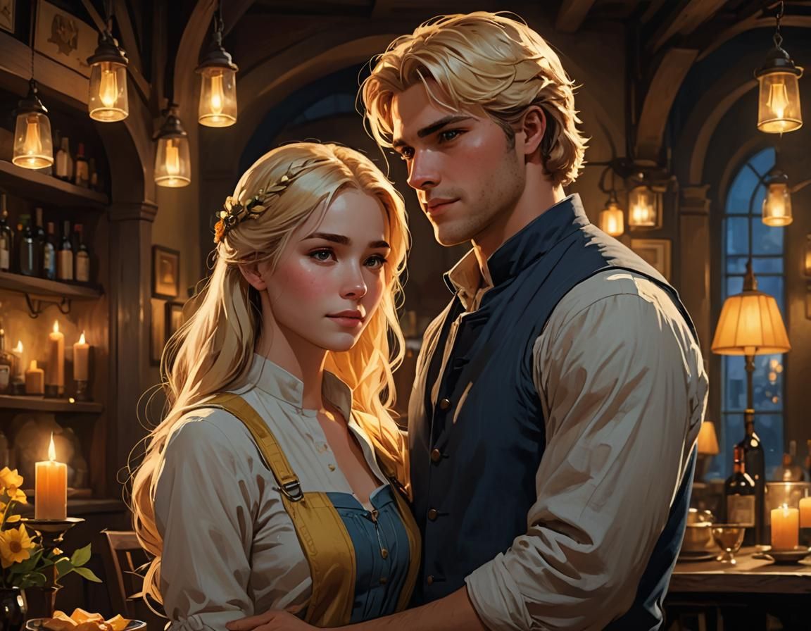 Romantic Portrait in Restaurant, Art Nouveau Style