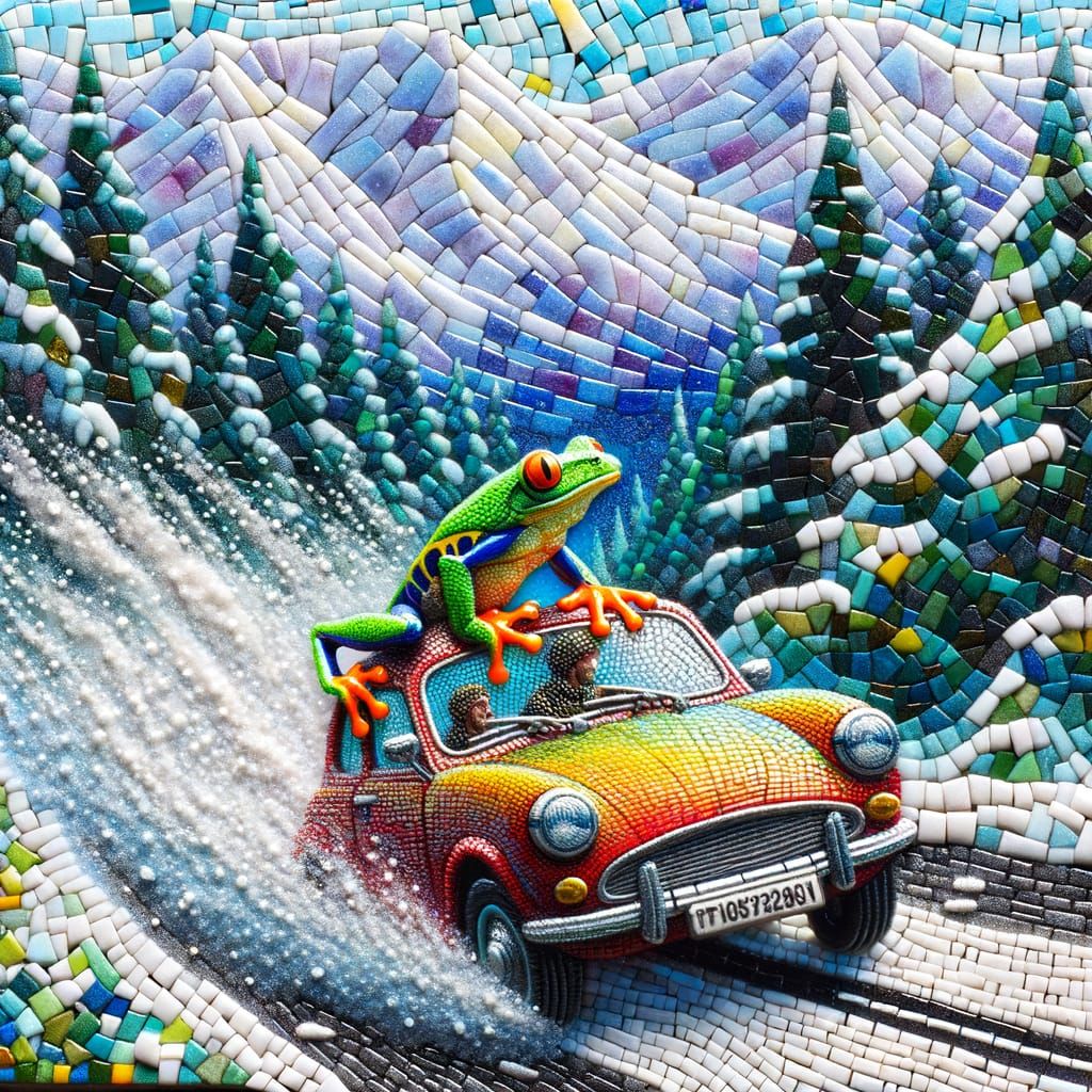 Tree Frog Drives Through Blizzard in Van Gogh Style