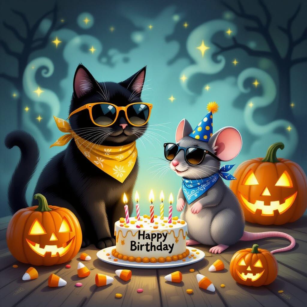 Cat and Mouse Celebrate Halloween Birthday Party