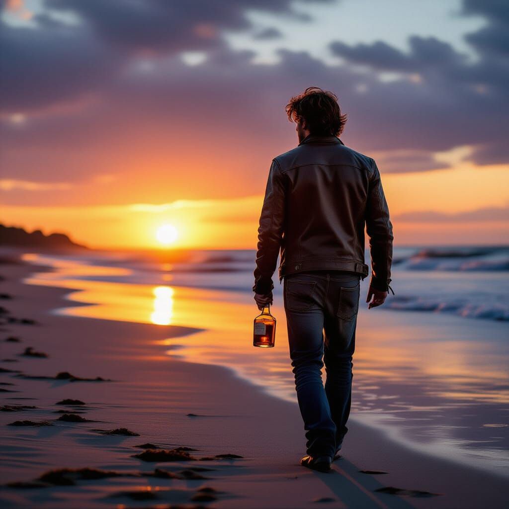 Man Walking on Beach at Sunset with Whisky Bottle