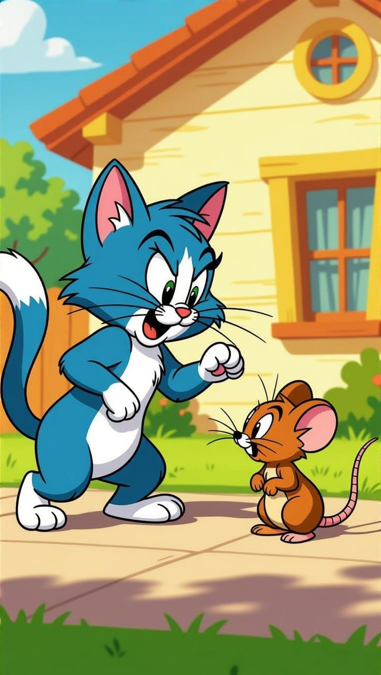 Cartoon Cat Chases Mouse in Sunny House Backyard