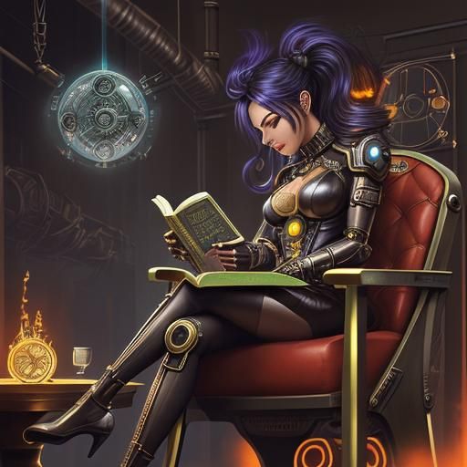 Steampunk Scorpion Woman in Futuristic Cafe