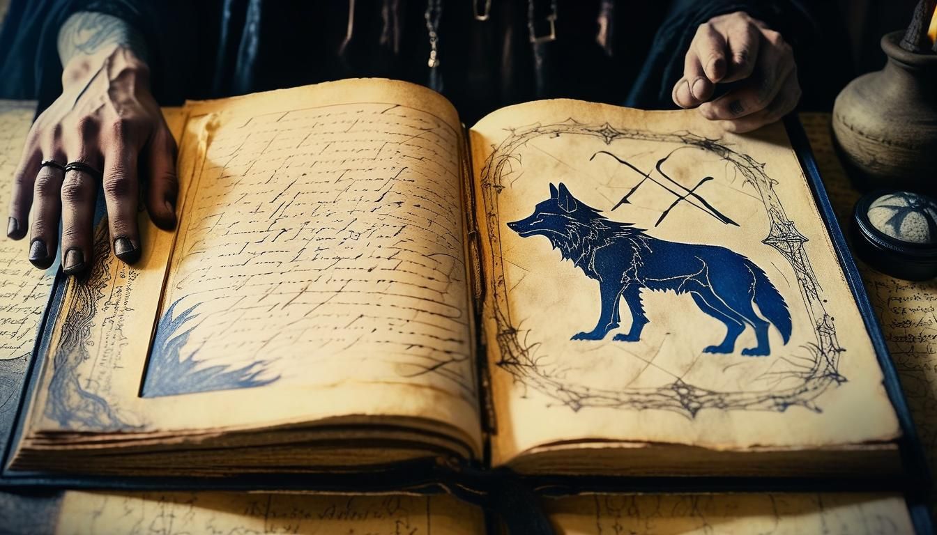Gothic Fantasy Spellbook with Werewolf Transformation Diagra...