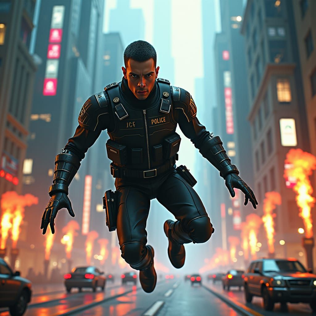 Heroic Police Officer Freezes Time in Cyberpunk City