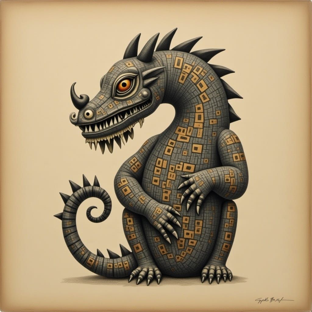 Tattooed Dragon in Dubuffet Style